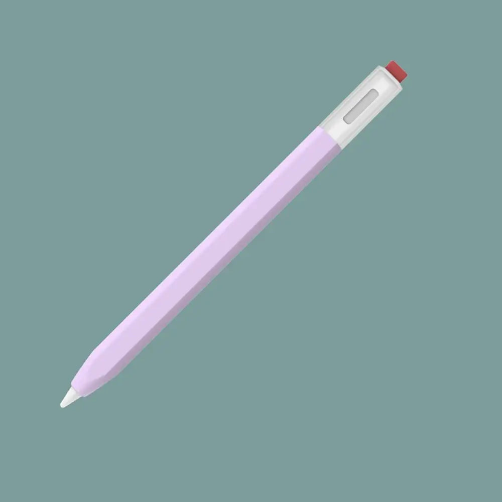 A light purple silicone stylus pen with a red tip and protective cover shown diagonally against a gray background.