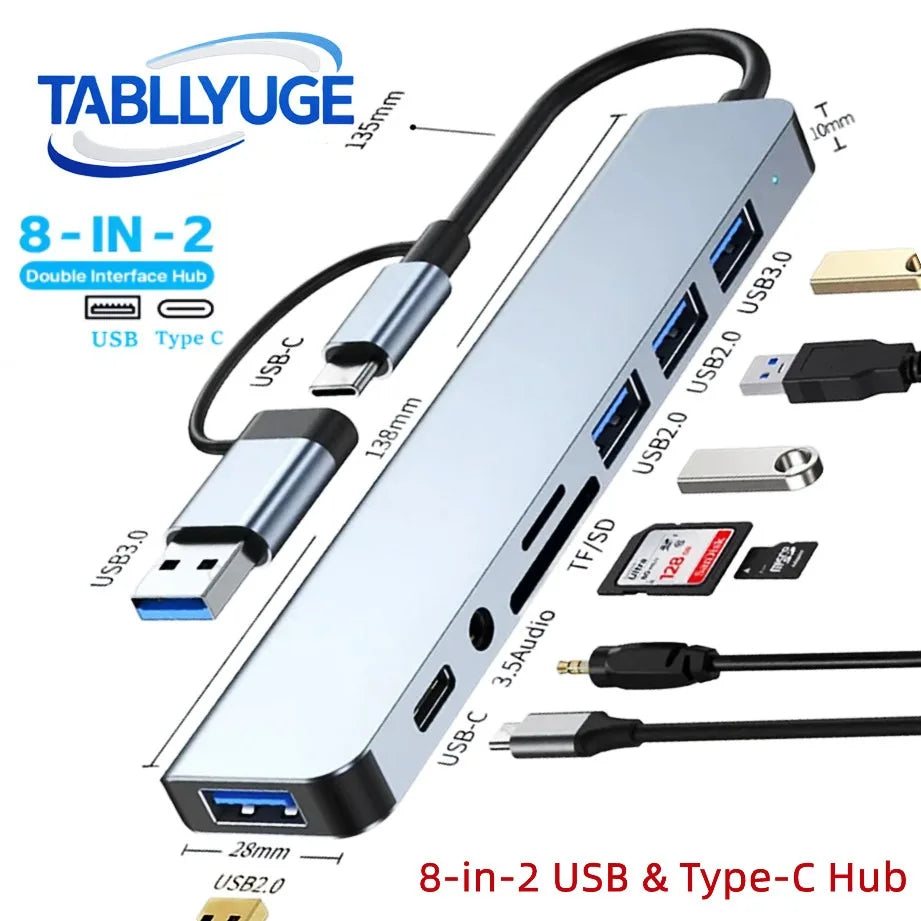 A silver multi-port 8-in-2 USB and Type-C hub featuring multiple ports including USB Type C, USB 3.0, and SD card reader.