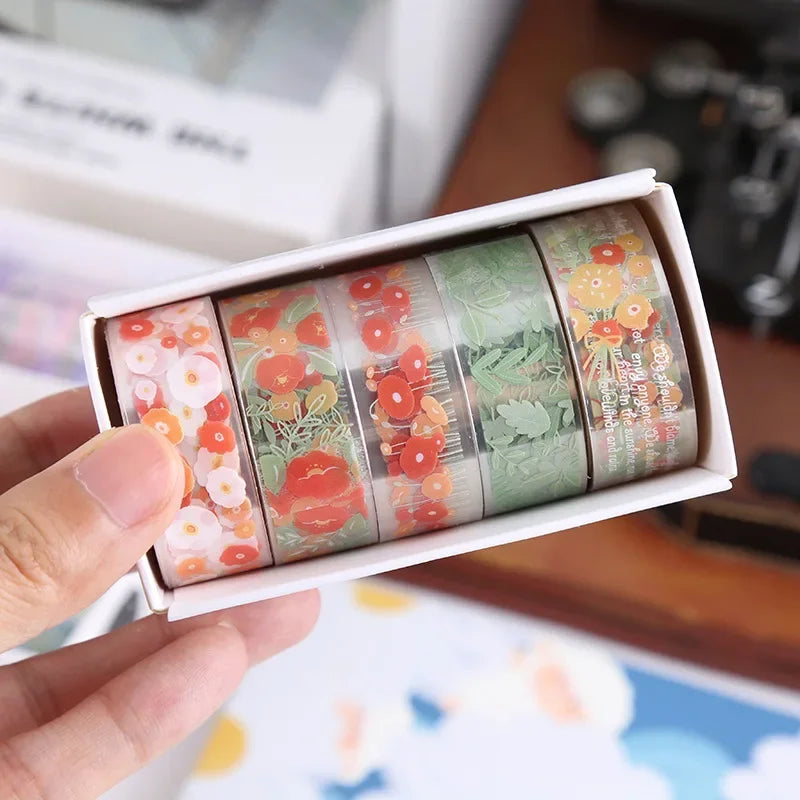 A hand holds a box of decorative transparent washi tape rolls featuring floral patterns in various colors.
