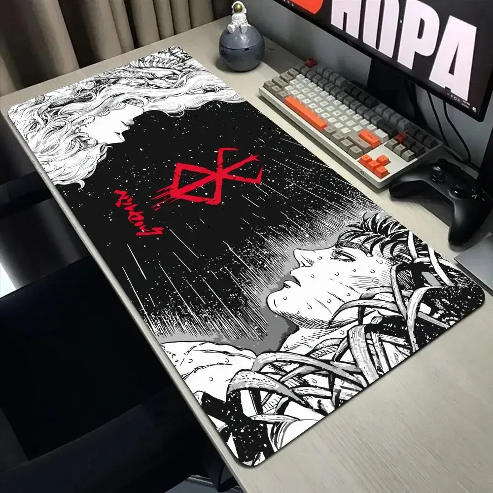 A large black and white anime design mouse pad featuring a fierce character and a red cross symbol for gaming.