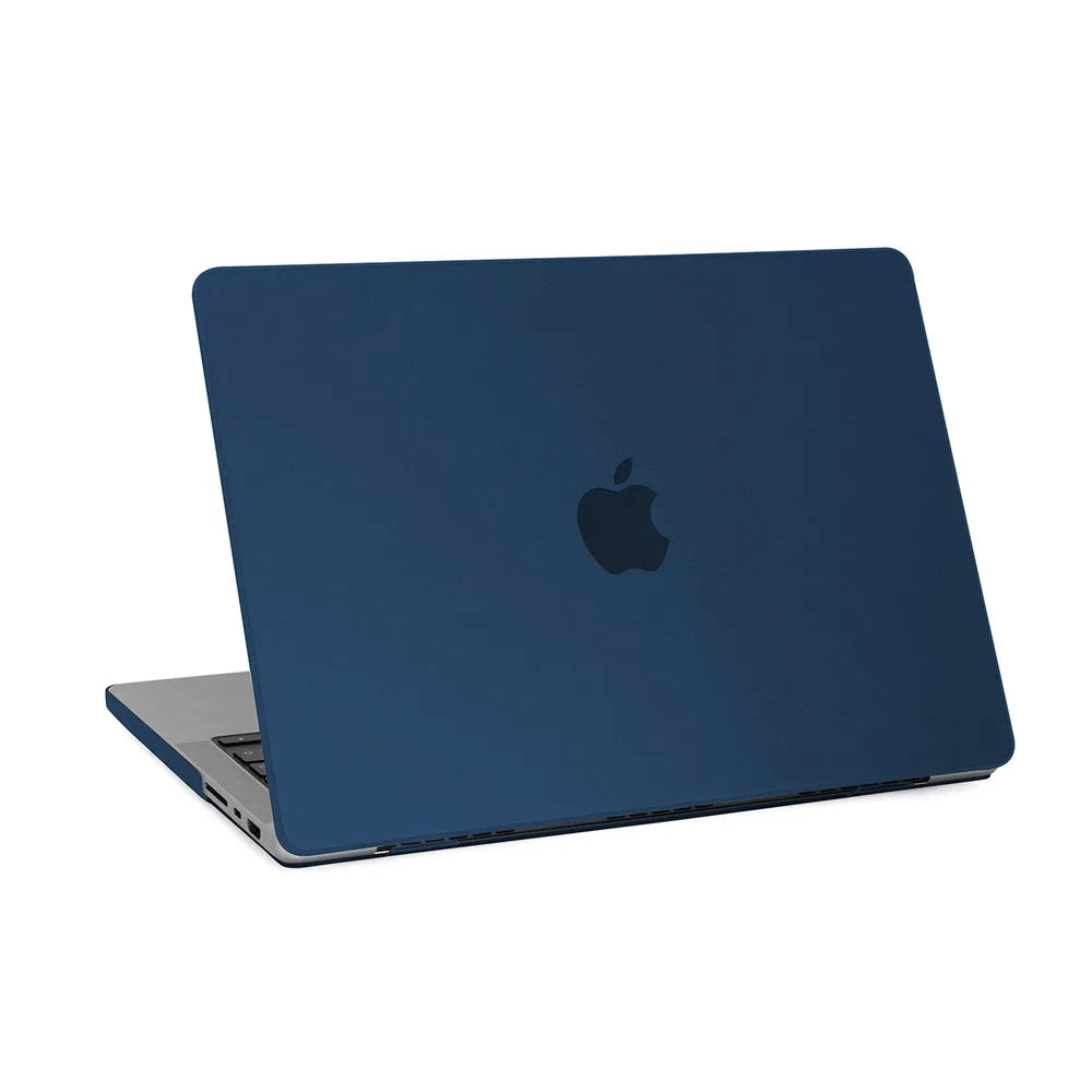 A dark blue ultra-thin hard shell laptop case for a MacBook Pro or Air.
