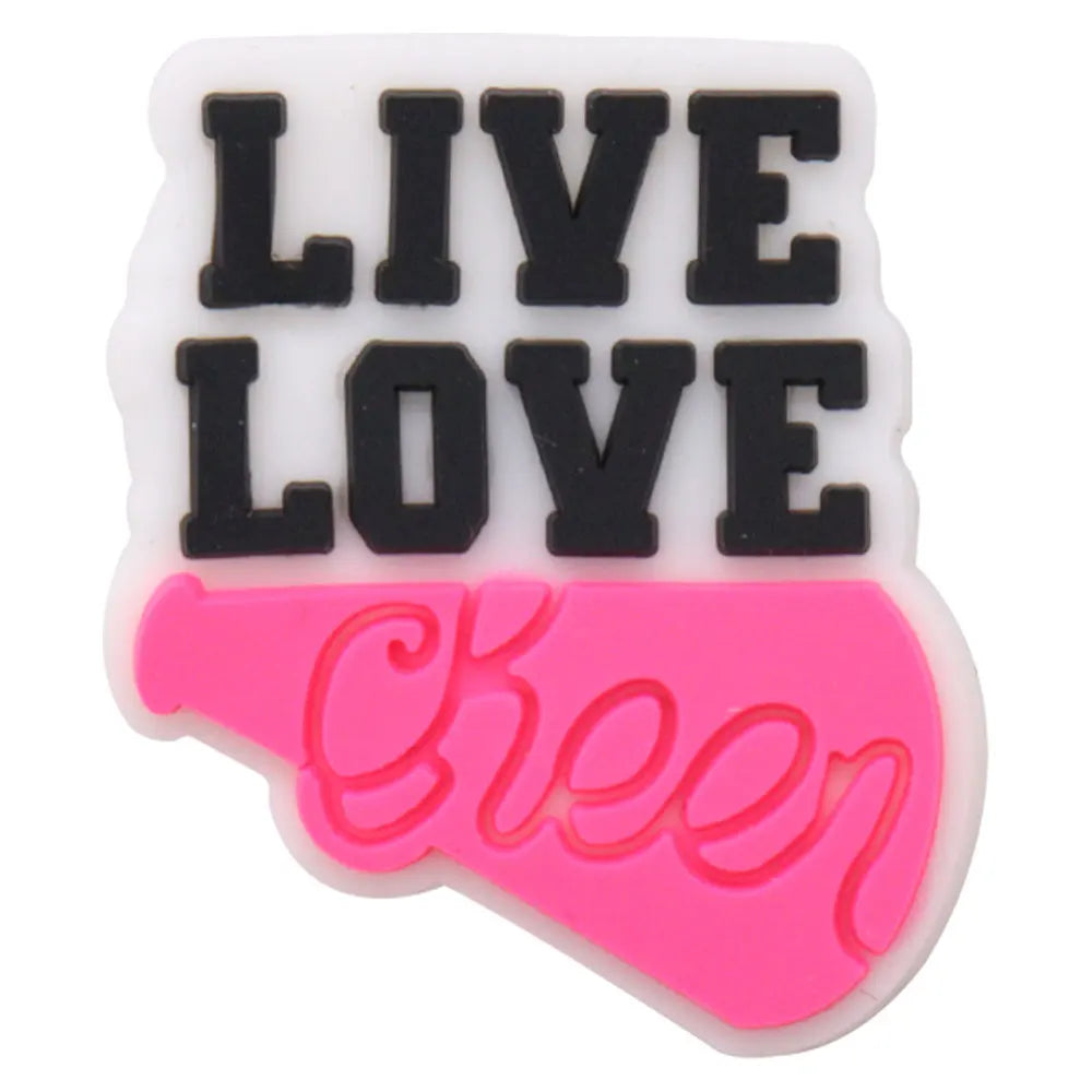 Black and pink epoxy charm featuring the text LIVE LOVE QUEEN