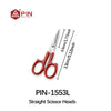 A pair of red stainless steel embroidery scissors shown with dimensions.