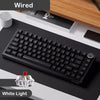 Eine schwarze mechanische Tastatur auf einem Schreibtisch mit hervorgehobeter weißer Beleuchtung.