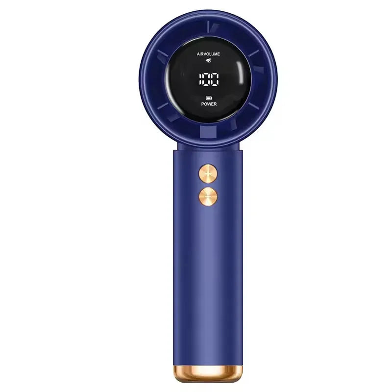 A handheld portable cooling fan with a dark blue body and gold accents, showing an air volume display.