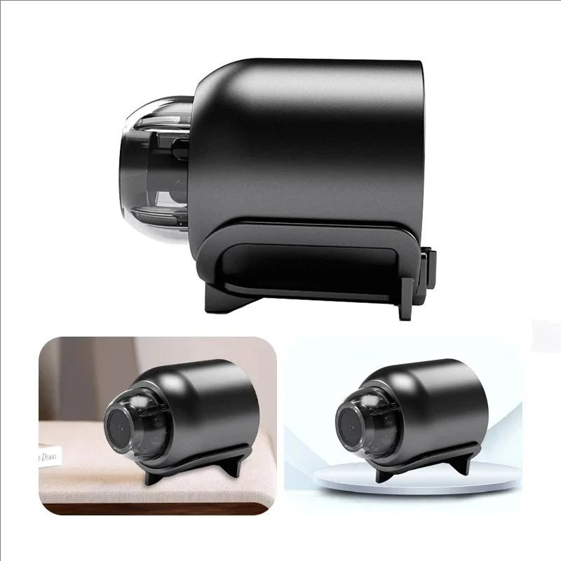 A black HD wireless pet and home security camera shown in various angles.
