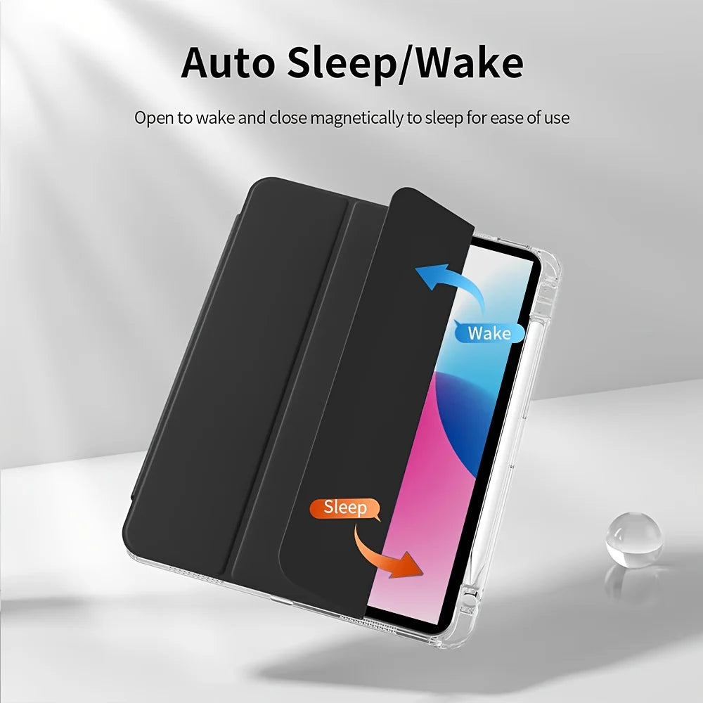 Klares Acryl-Schutzetui für ein iPad mit magnetischer Auto-Ein-/Ausschaltfunktion.