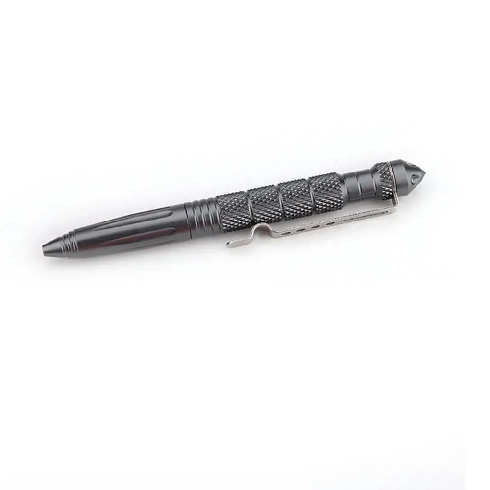 A black tactical aluminum pen with a textured grip and a metal clip.