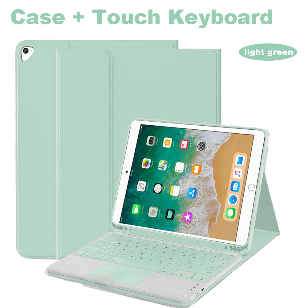 A light green Bluetooth keyboard case for an iPad, showing the tablet and the protective cover.