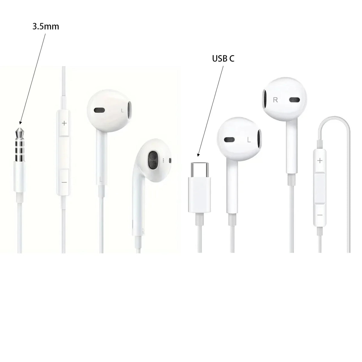 White wired earbuds with USB C connector and a separate microphone shown next to a USB cable.