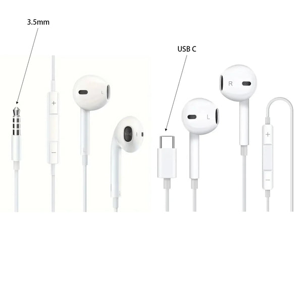 White wired earbuds with USB C connector and a separate microphone shown next to a USB cable.