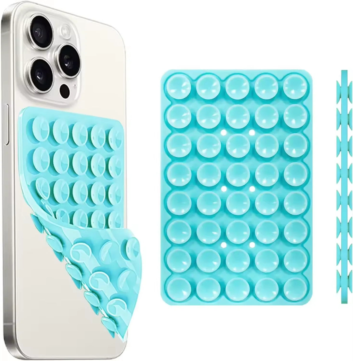 A white smartphone case and a blue silicone suction cup phone mount with multiple circular cups.