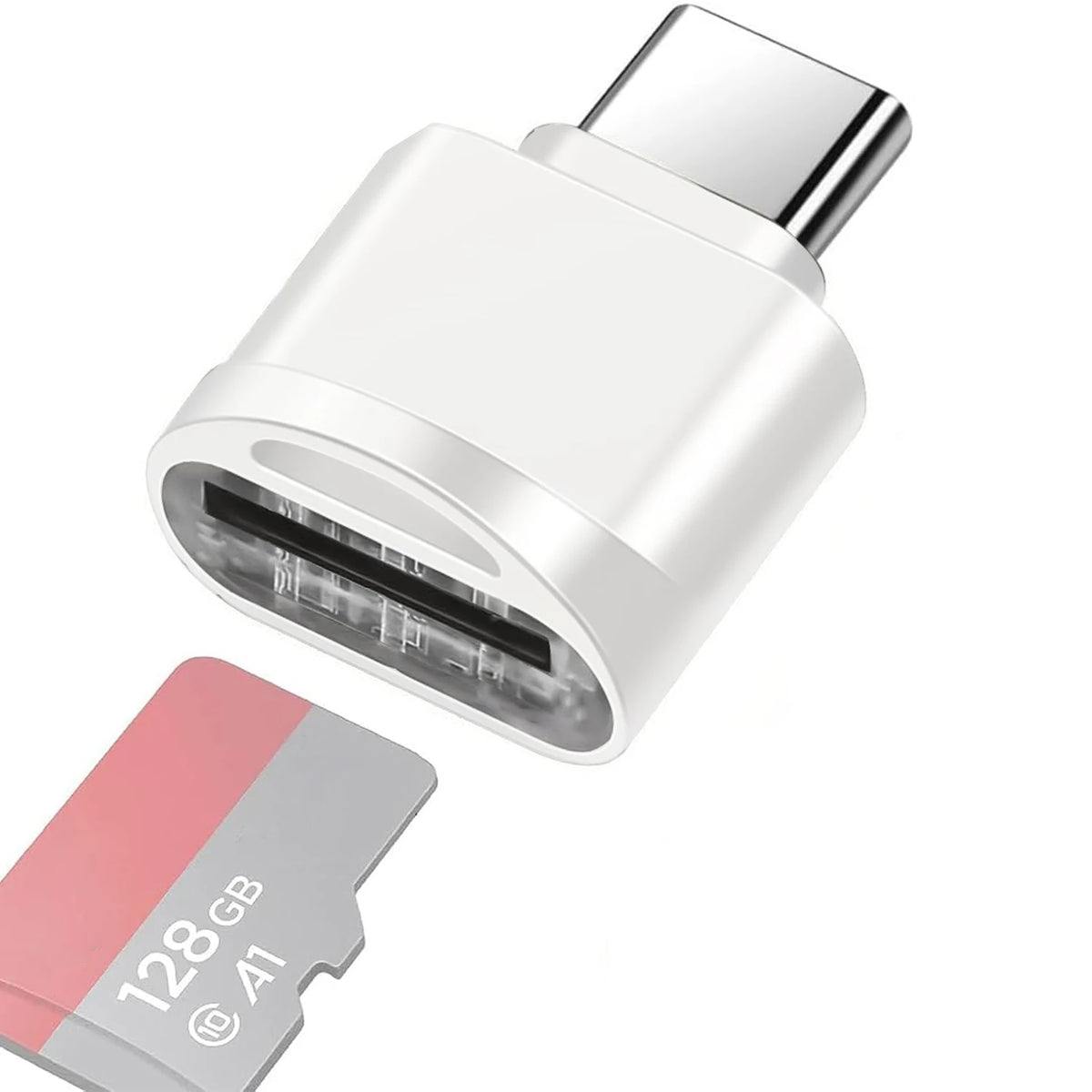 Silver USB-C to SD/TF card reader with a keychain attachment.