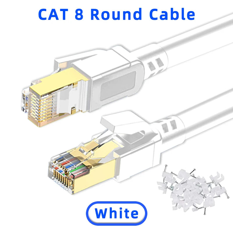 Weißer CAT 8 Runder Ethernet-Kabelanschluss und Kabelaufbau.