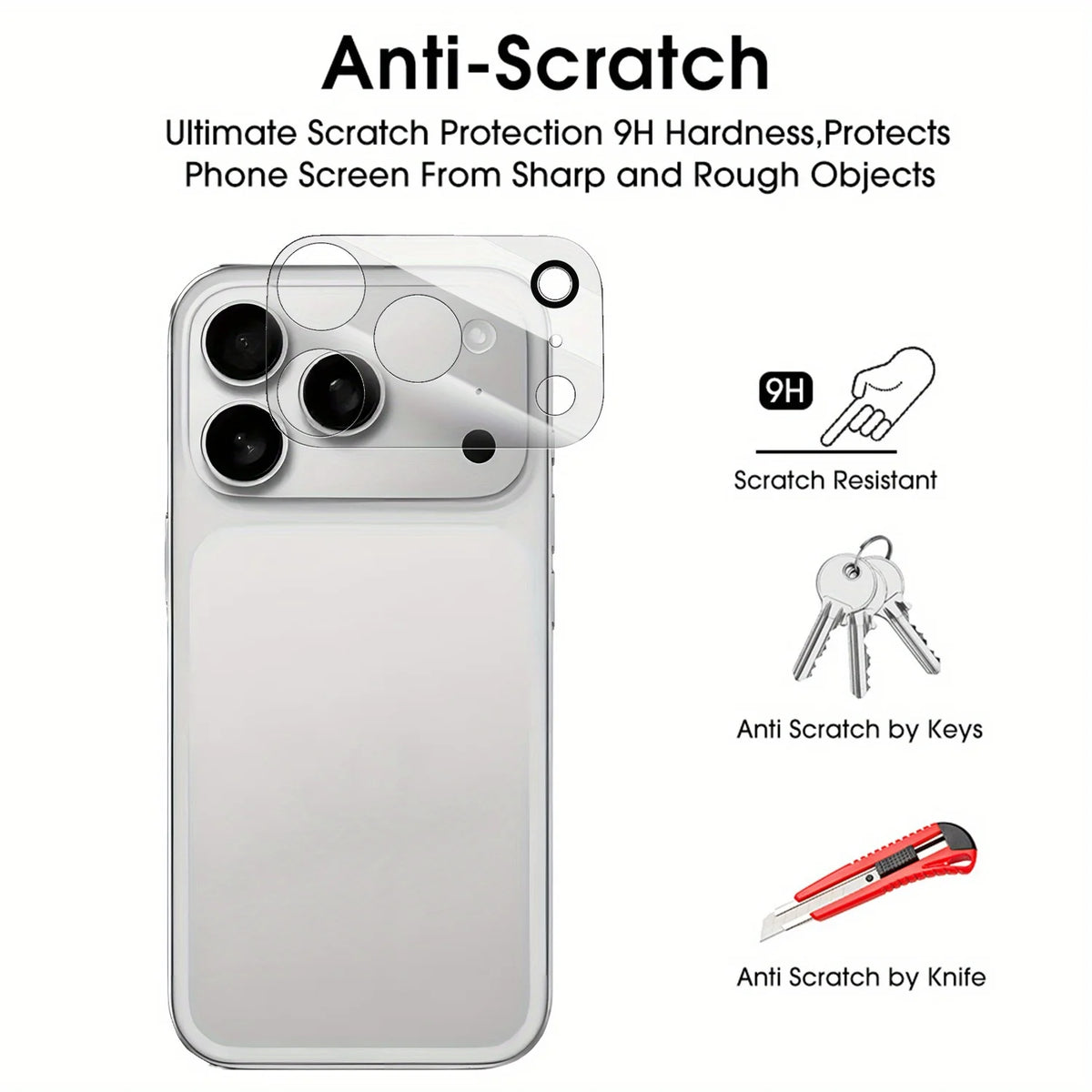 Anti-Scratch screen protector for a smartphone showing various scratch protection features