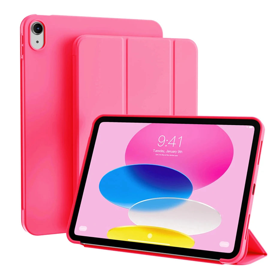 Funda magnética plegable rosa para iPad, mostrada junto al dispositivo.