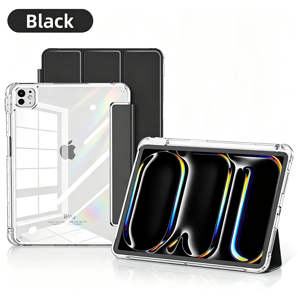 A black transparent acrylic protective case for an iPad Mini is shown alongside a matching black cover.