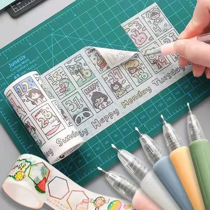 A precision craft knife set with various blades and tools is shown on a green cutting mat.