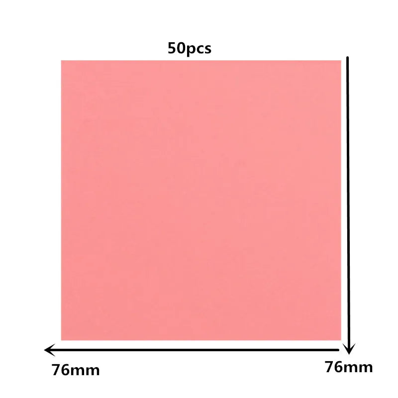 A square sheet of pink sticky notes with dimensions 76mm by 76mm.