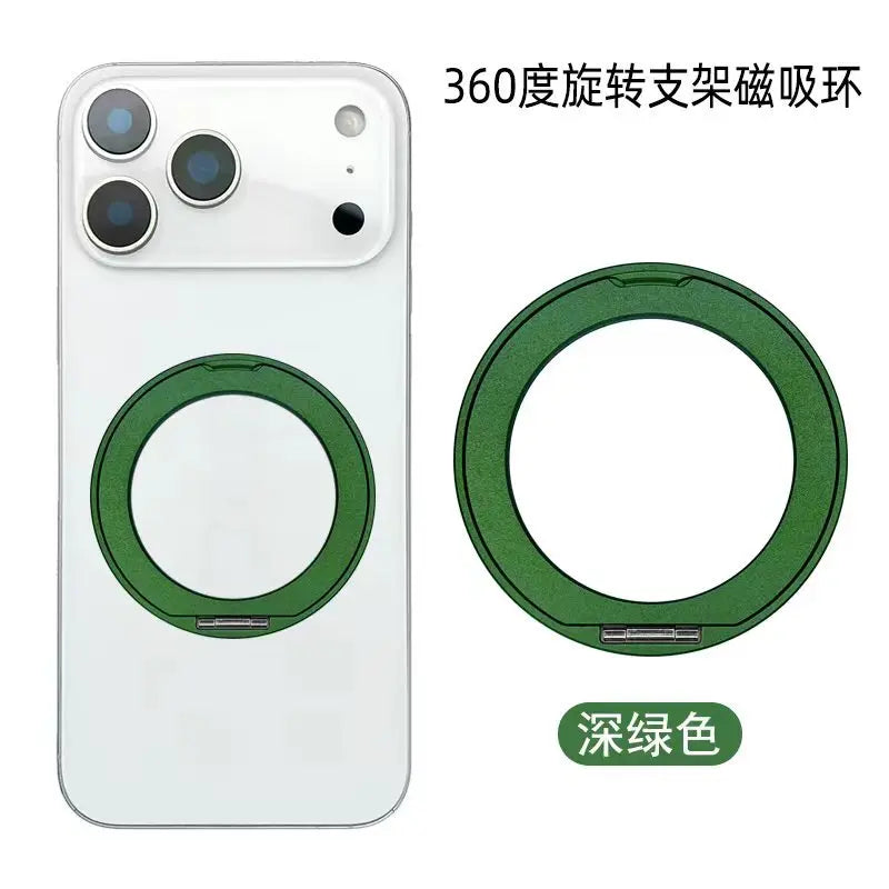 Weißes iPhone-Hülle mit grünem Magnetringhalter und separatem Ring zur 360-Grad-Rotation.