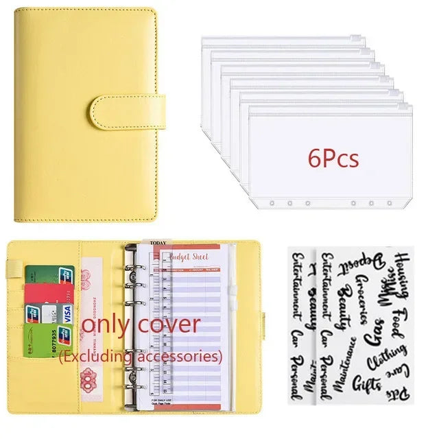 Planificador de cuero PU amarillo para presupuesto con cubierta transparente y varias hojas de papel.