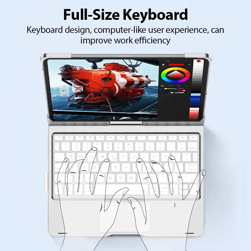 A silver laptop with a full-size keyboard is shown, demonstrating a computer-like user experience.