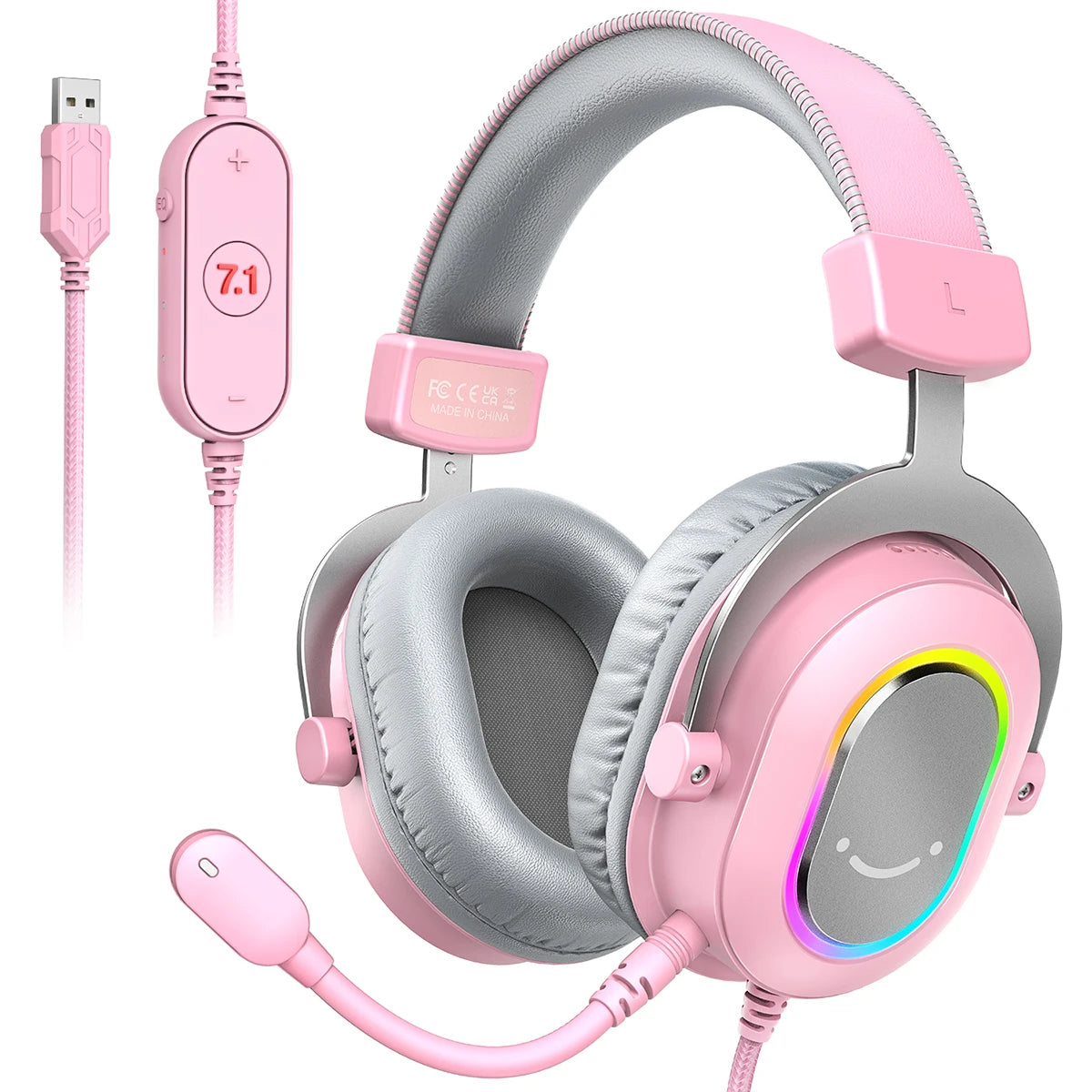 Pink FIFINE RGB gaming headset with a pink cable and headphones shown in various views
