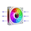 A rectangular ARGB PC case cooling fan with a colorful, multi-spectrum light pattern.