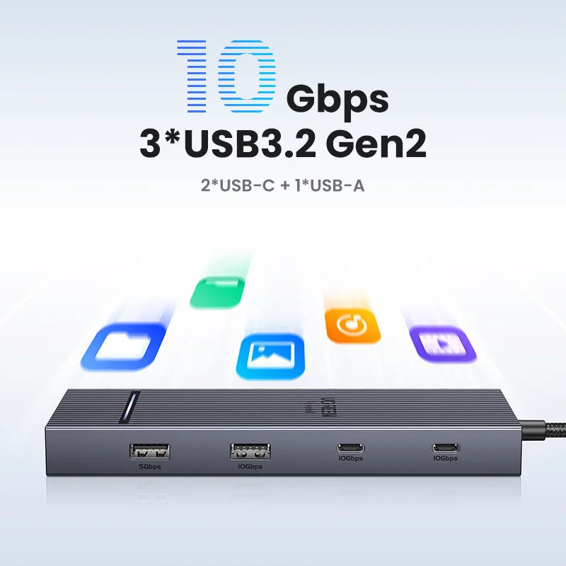 A silver USB hub device is shown with various ports and cables, illustrating 10 Gbps performance.