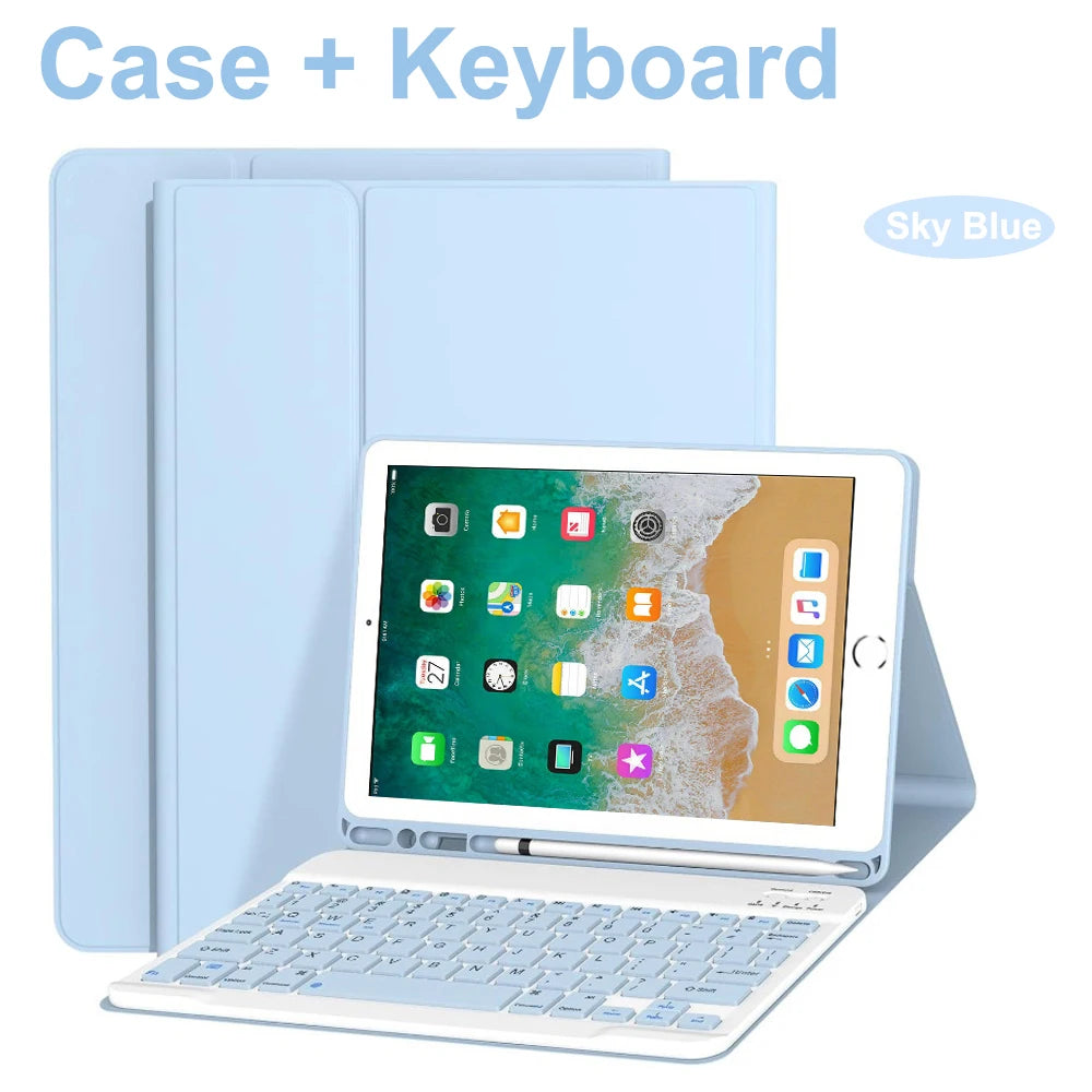 A light blue case and keyboard for an iPad, shown alongside the tablet displaying an iOS interface.