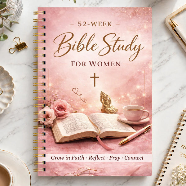 Journal spiralé rose, étude biblique de 52 semaines pour femmes, avec une croix et des accents floraux.