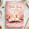 A pink spiral-bound journal titled 52-Week Bible Study for Women featuring a cross and floral accents.