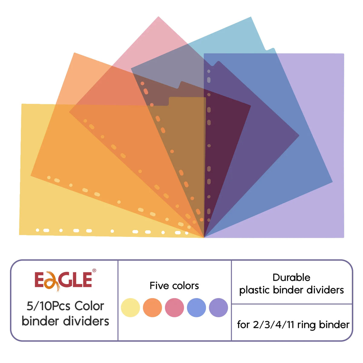 Five colored plastic binder dividers for 2/3/4/11 ring binders.