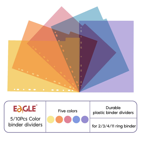 Five colored plastic binder dividers for 2/3/4/11 ring binders.