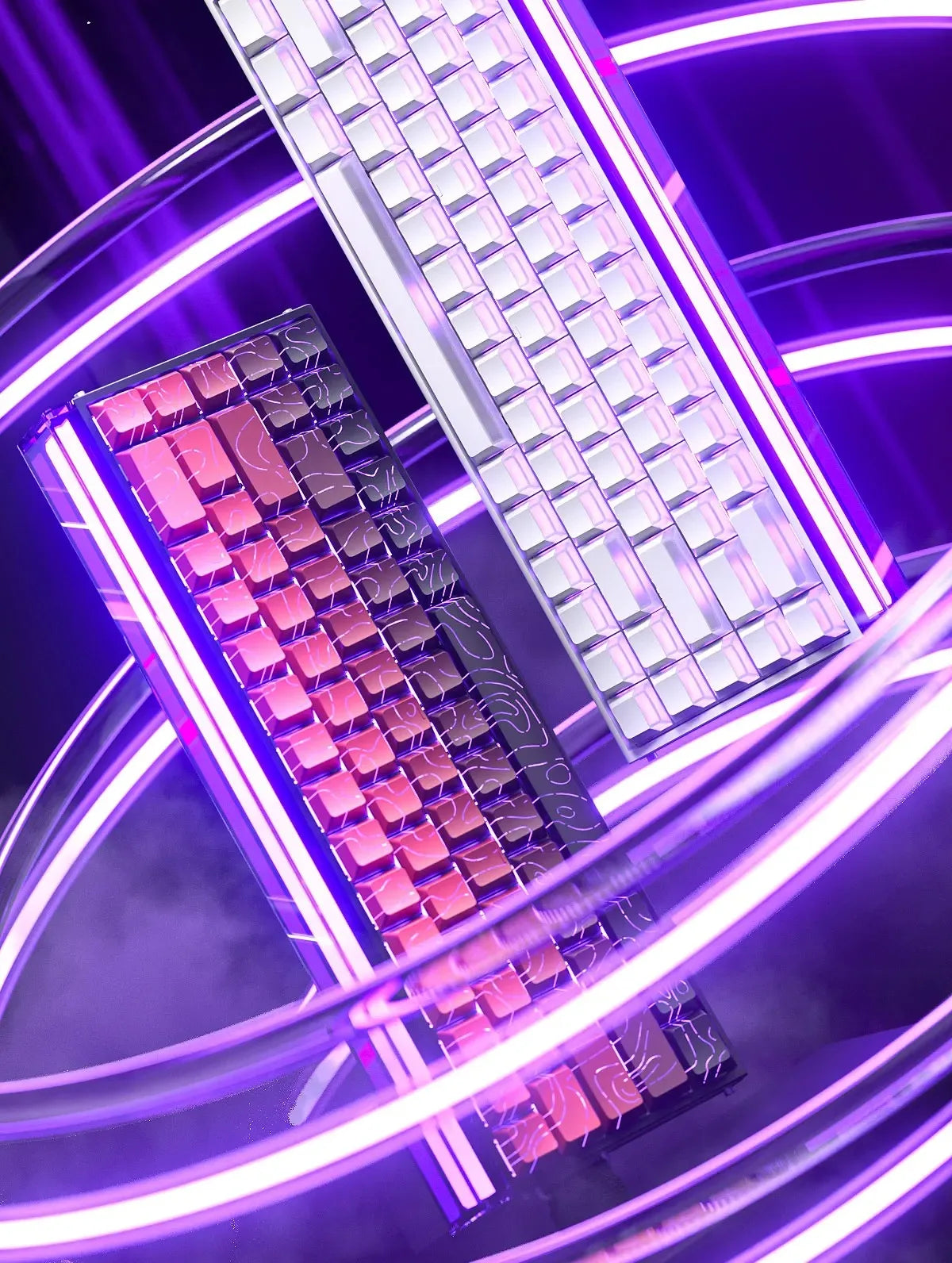 A close-up of a magnetic switch mechanical keyboard with purple and pink accents illuminated by bright neon light rings.