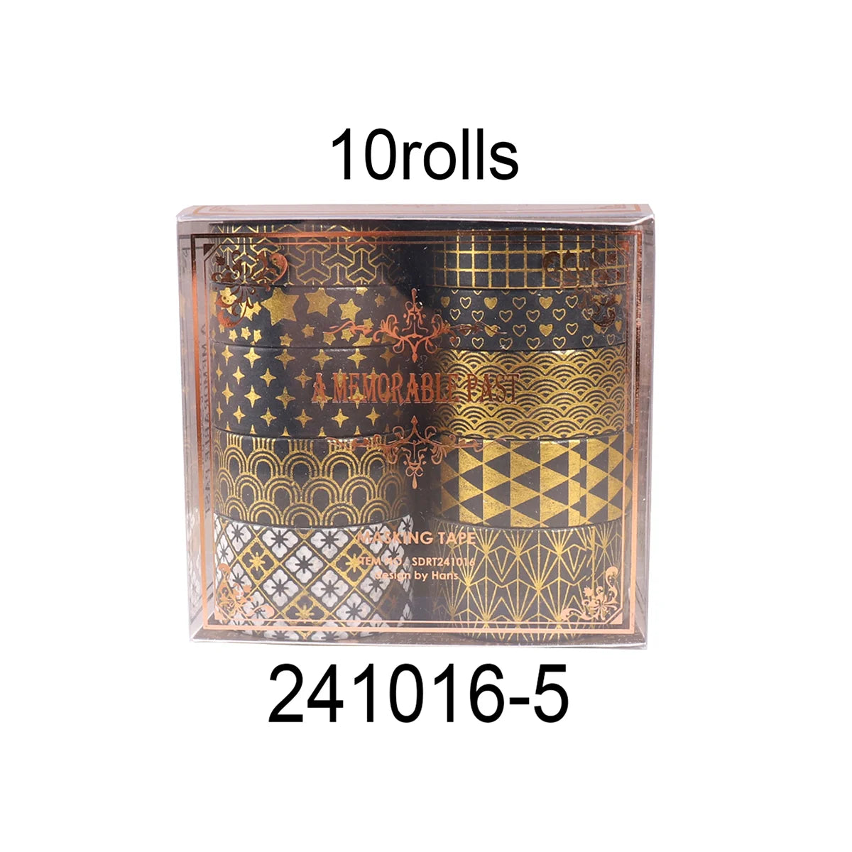 A box containing 10 rolls of metallic gold washi tape for journaling and crafts.