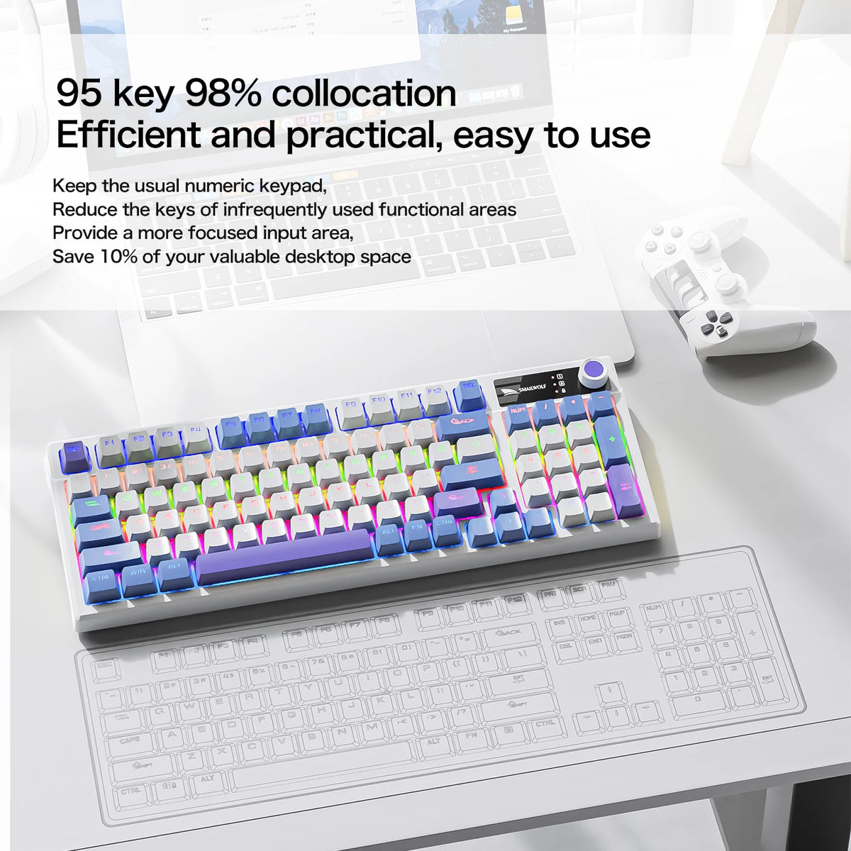 A close-up view of a compact wired mechanical gaming keyboard with purple and blue keycaps resting on a white desk.