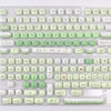 A clear plastic keyboard featuring a colorful PBT keycaps set with MOG profile and dye-sub cherry compatibility.