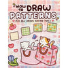A colorful illustration showing how to draw patterns, including various shapes and a cat in a pink patterned box.