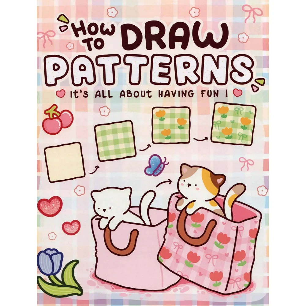A colorful illustration showing how to draw patterns, including various shapes and a cat in a pink patterned box.