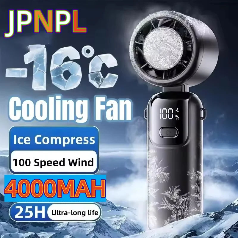 A black handheld ice compress cooling fan is shown against a snowy, icy background.