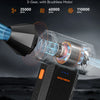 A close-up of a black electric air duster with a powerful wind speed display, showing airflow and motor details.