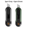 Two mini pocket knives are shown, one gray and one green.