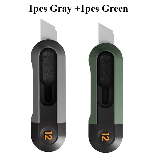 Two mini pocket knives are shown, one gray and one green.