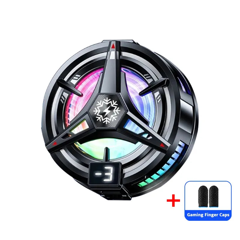 Black magnetic phone cooler with adjustable cooling modes and RGB lighting featuring a hexagonal design