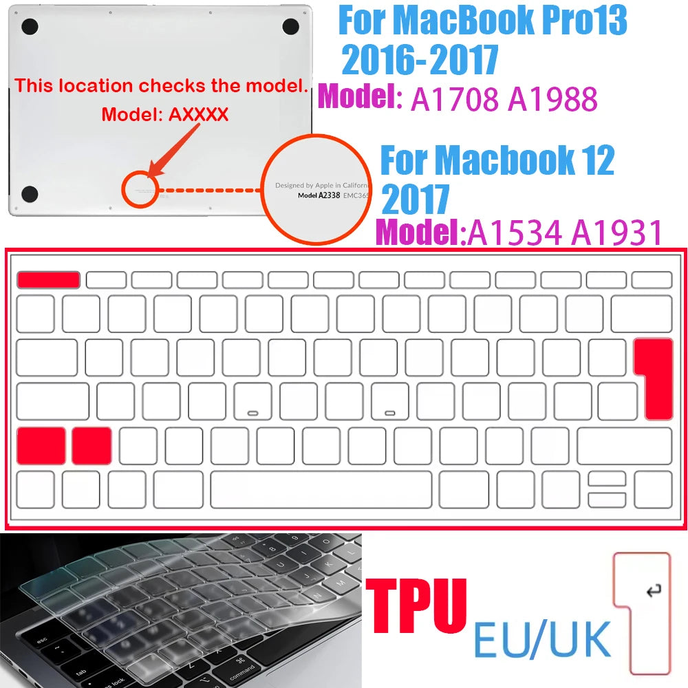 A white TPU keyboard cover for a MacBook Pro 13 (2016-2017) and a MacBook 12 (2017), showing the keyboard layout.