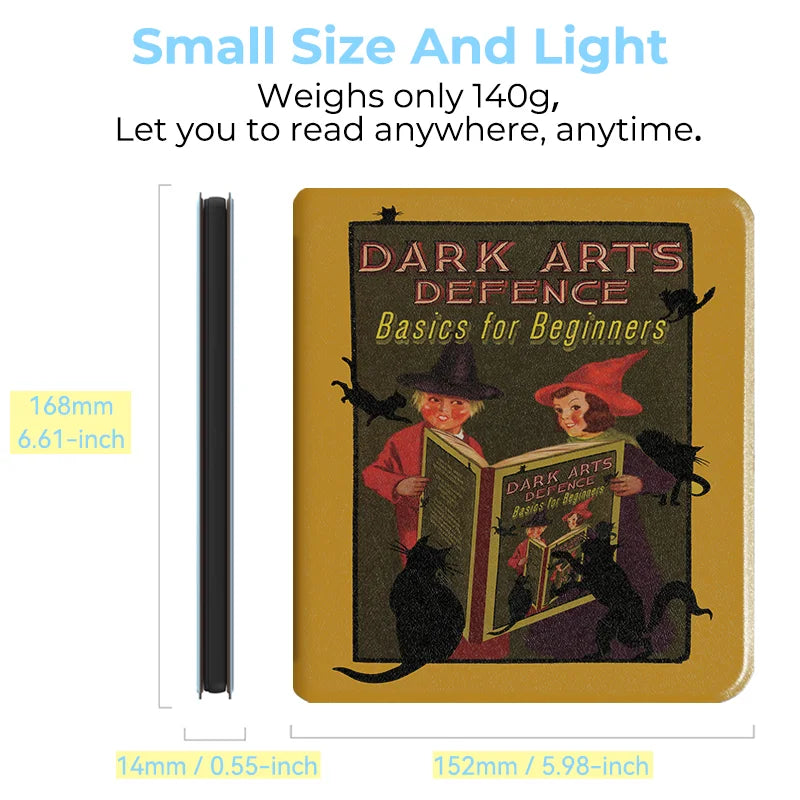 A dark arts defence book cover featuring two figures and cats, displayed next to its dimensions.