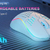 A white rechargeable gaming mouse is shown next to a Type-C charging cable, highlighting its 800mAh battery capacity.