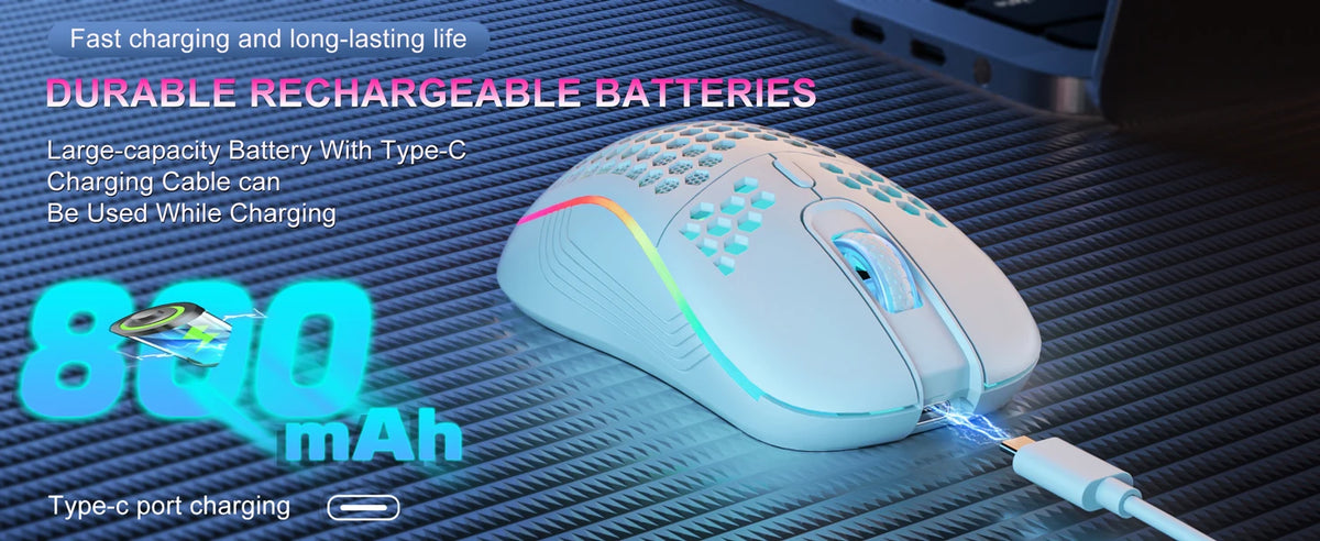 A white rechargeable gaming mouse is shown next to a Type-C charging cable, highlighting its 800mAh battery capacity.
