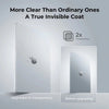 A comparison showing an upgraded 2x transparency hard shell case for a MacBook Pro, demonstrating increased clarity.